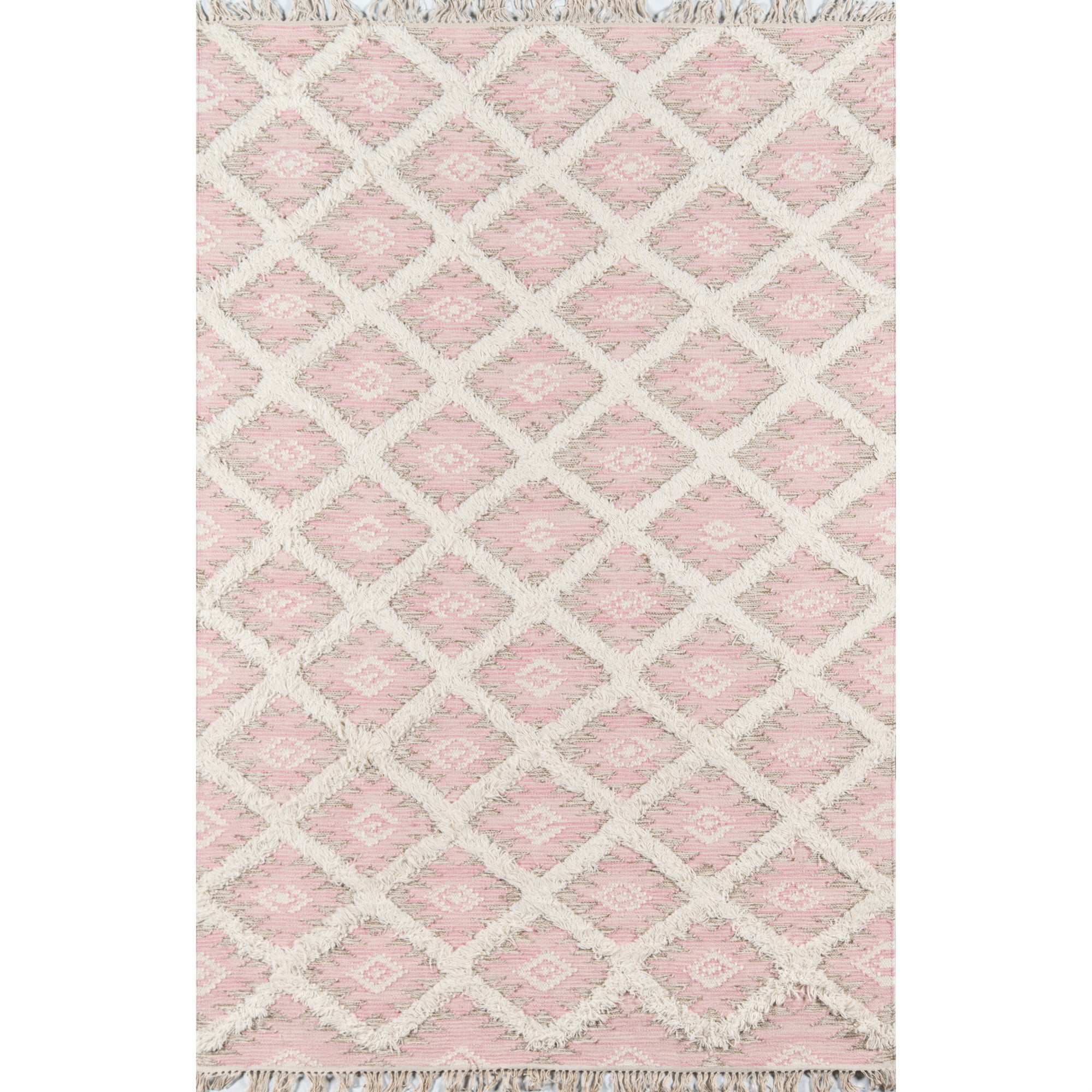 Handmade Pink Wool Geometric Area Rug with Fringe