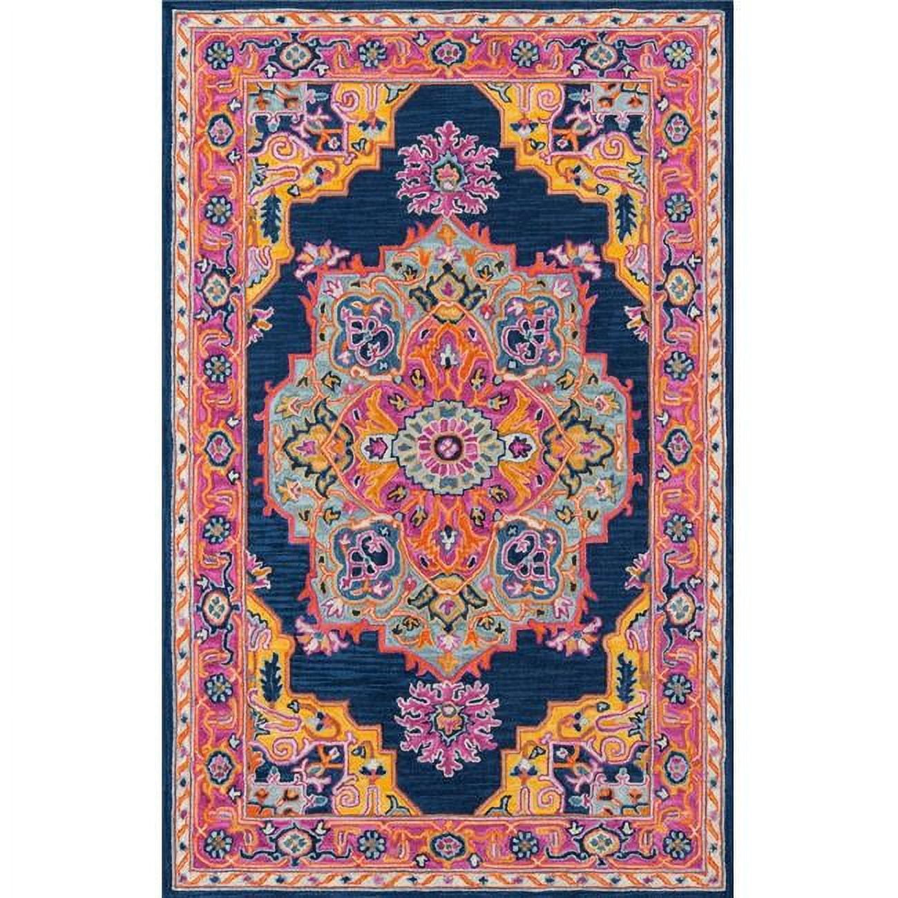 Navy and Pink Hand Tufted Wool Runner Rug