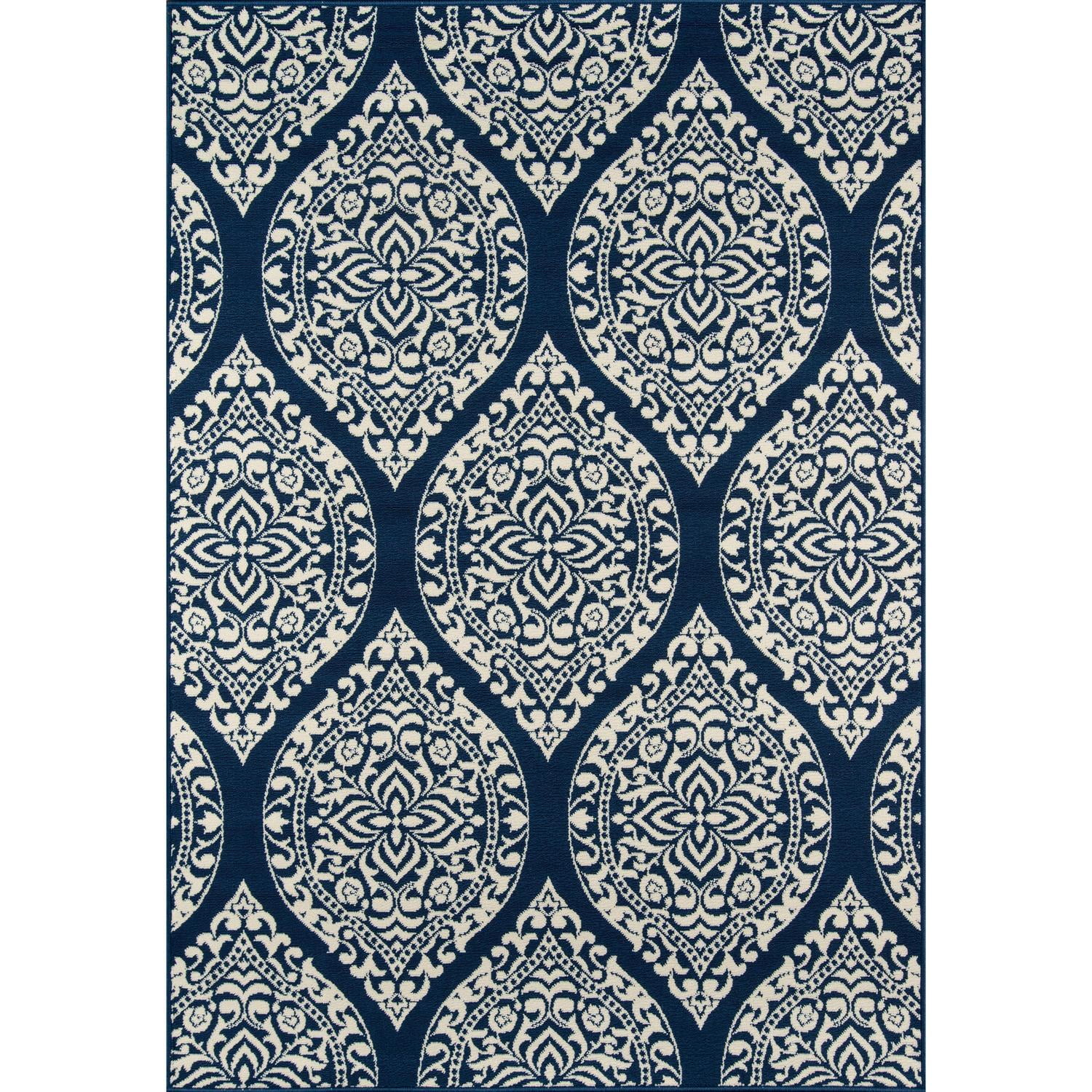 Elysian Blue and White Damask 5'3" x 7'6" Synthetic Outdoor Rug