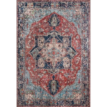 Momeni  Karachi Distressed Red/ Navy Medallion Polyester Area Rug 8' X 10' 8' x 10' Indoor,Accent Rectangle