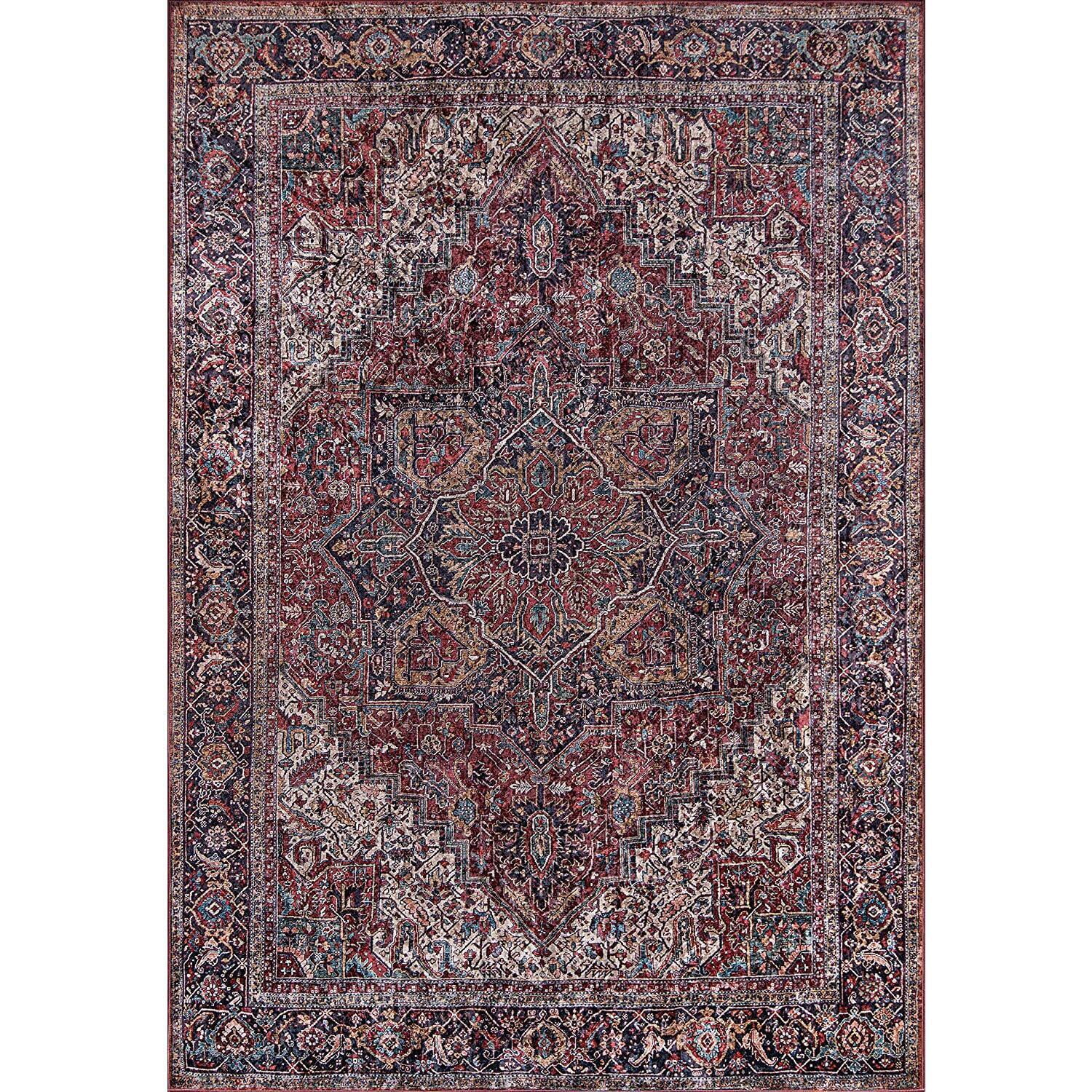Burgundy and Blue Rectangular Synthetic Traditional Area Rug