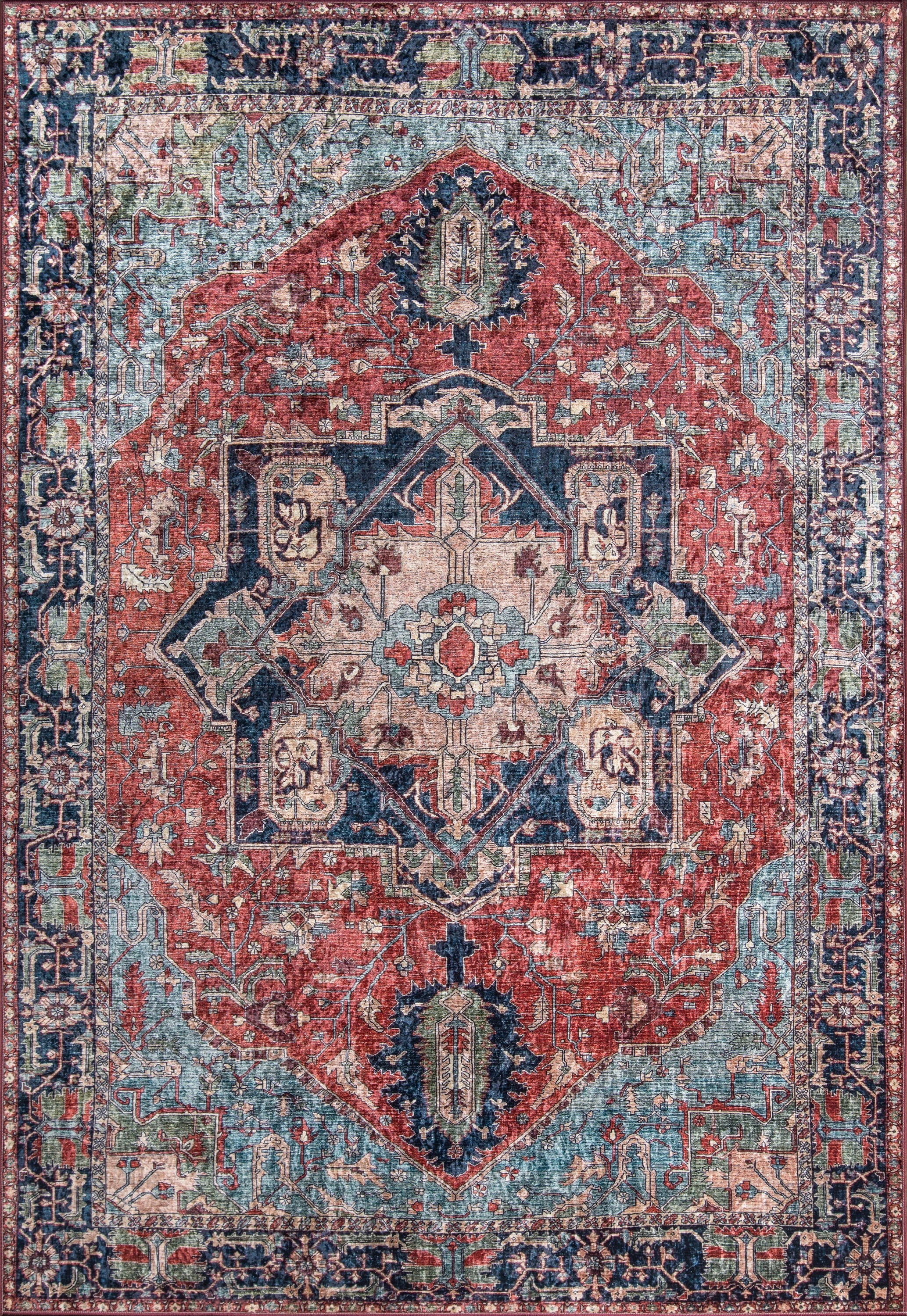 Karachi Distressed Red and Navy Medallion Polyester Area Rug 8' x 10'