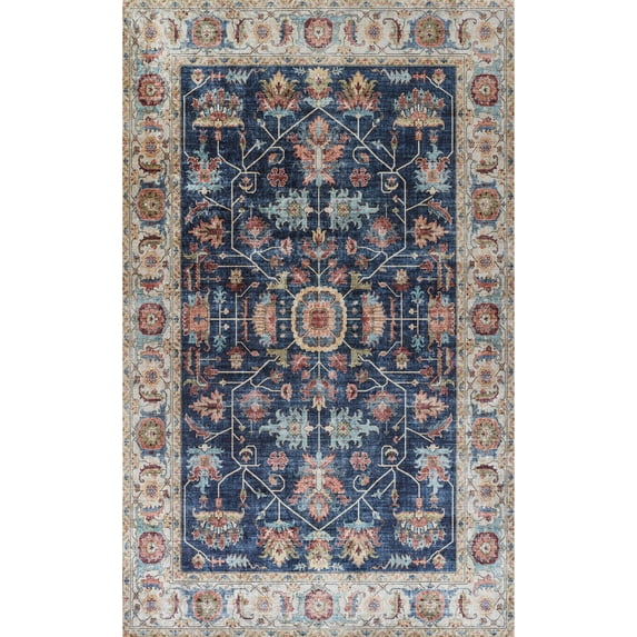 Momeni Karachi Polyester with Non-Skid Backing Area Rug, Navy, 2' X 3'