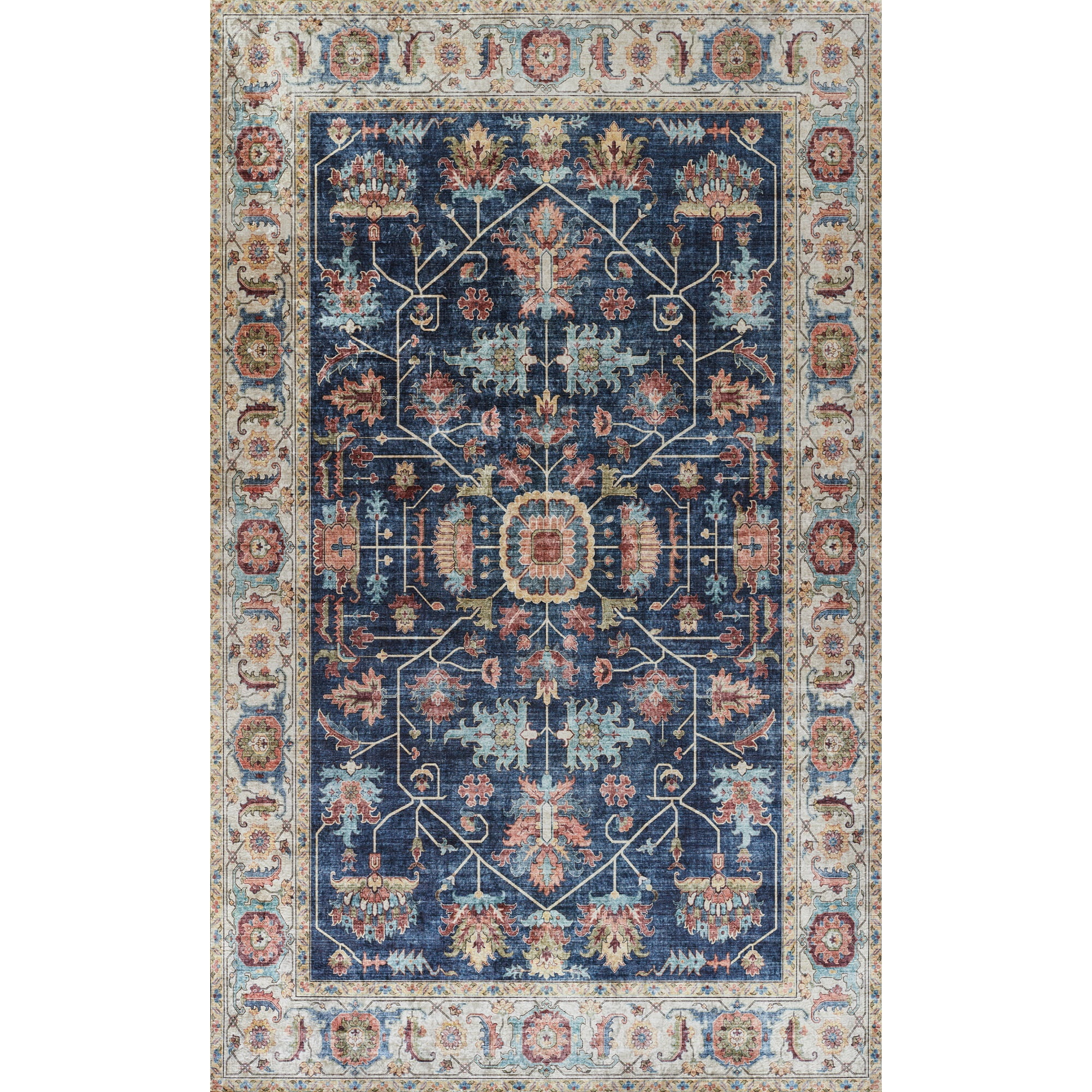 Momeni Karachi Polyester with Non-Skid Backing Area Rug, Navy, 3'6" X 5 ...