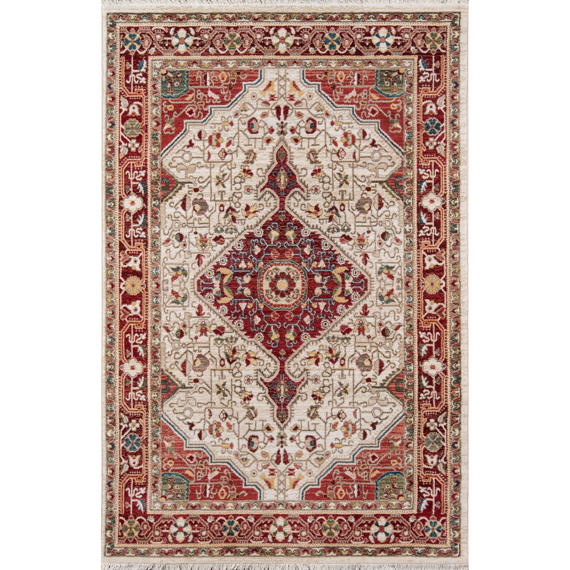 Red and Beige Rectangular Wool Synthetic Traditional Area Rug 5' x 7'