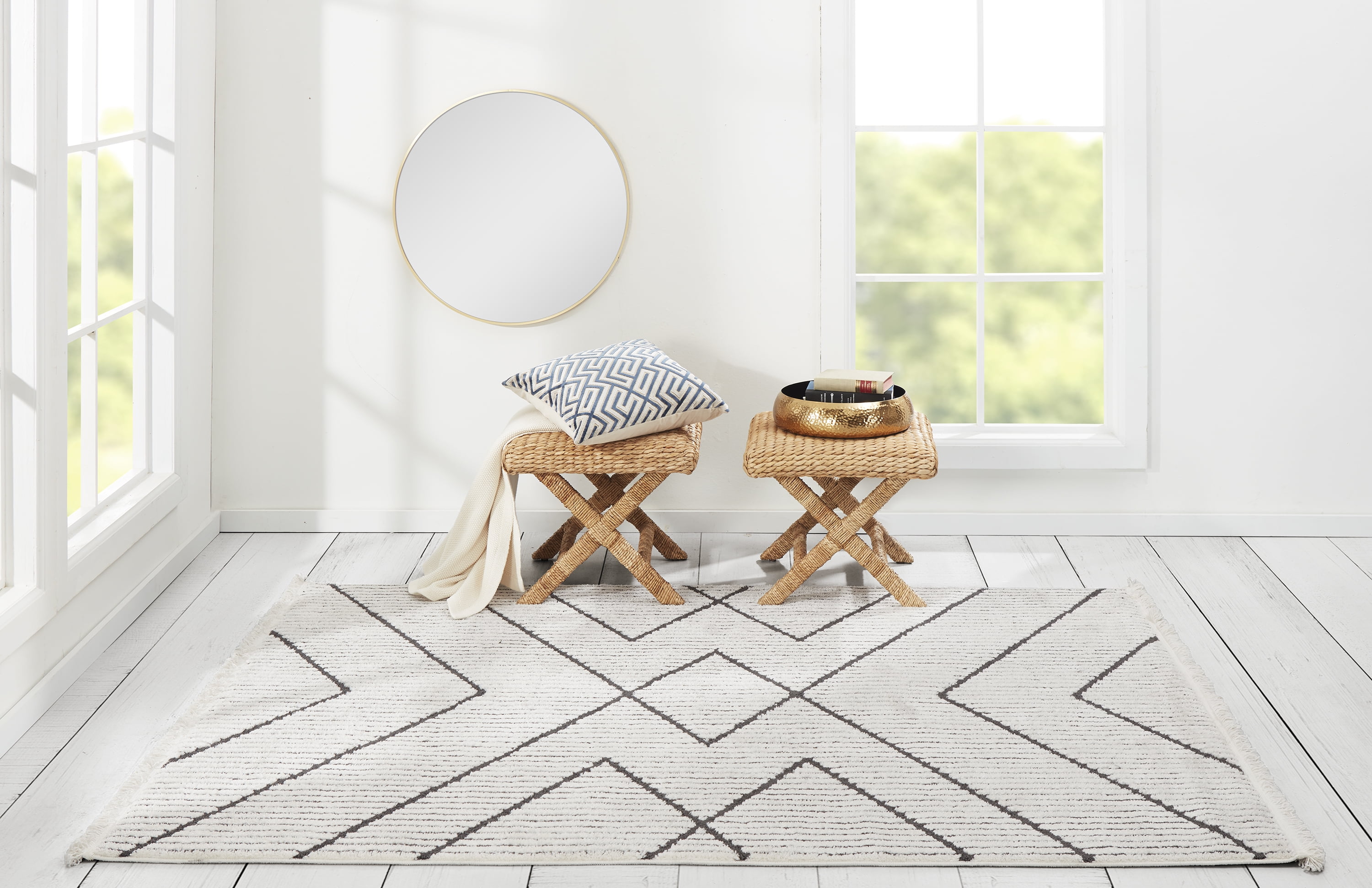 Ivory and Charcoal Rectangular Synthetic Tribal Rug - 4x24 in