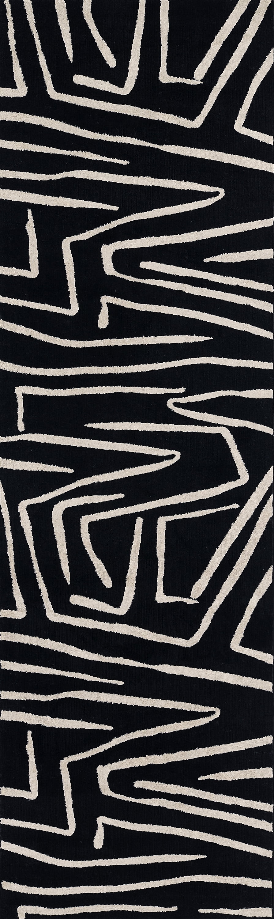 Black and Ivory Geometric Polyester Runner Rug