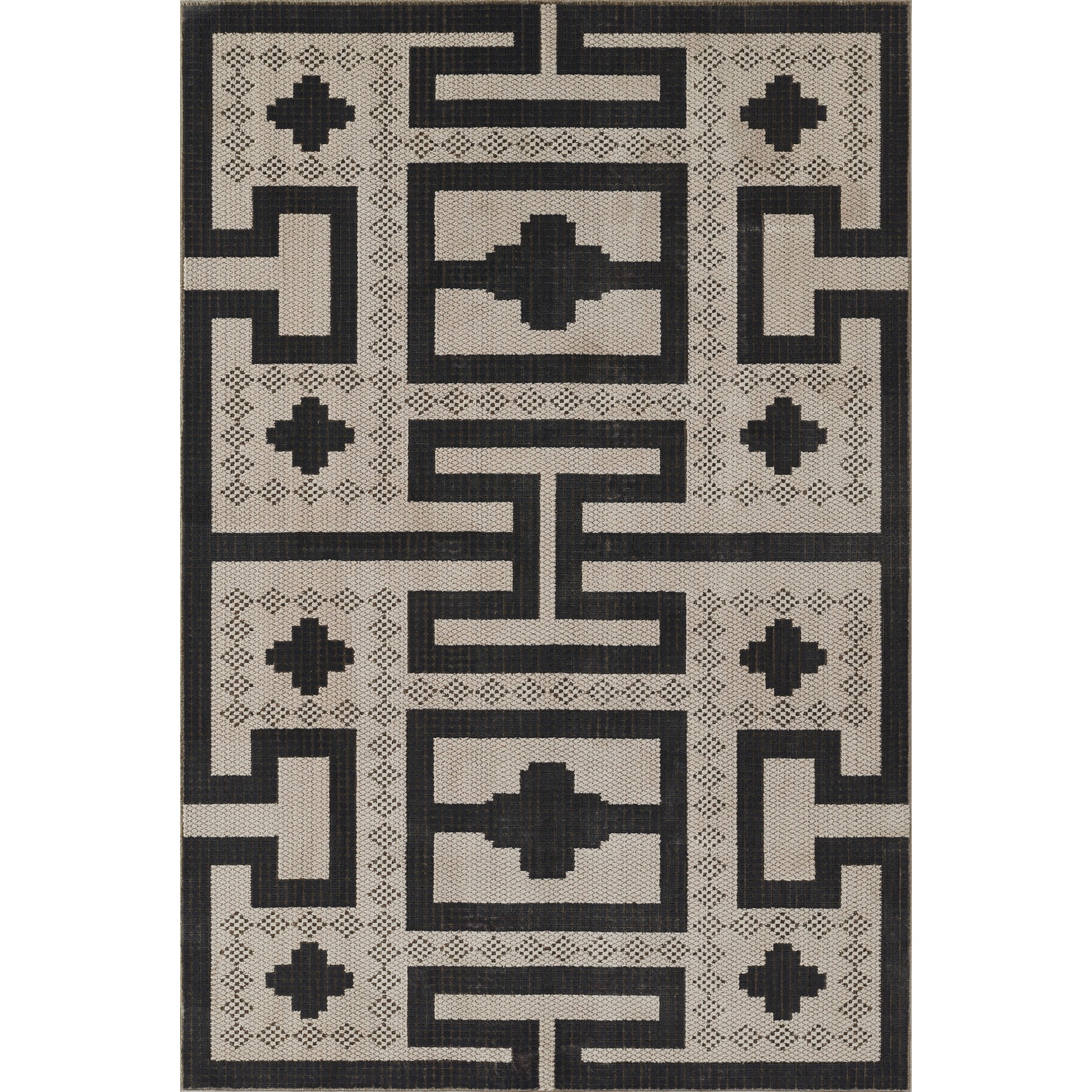Large Black and Ivory Geometric Synthetic Area Rug