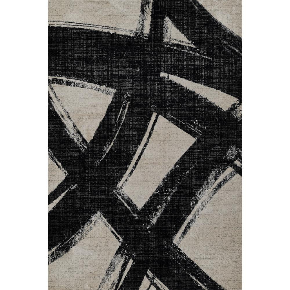 Ivory and Black Abstract Polyester Runner Rug