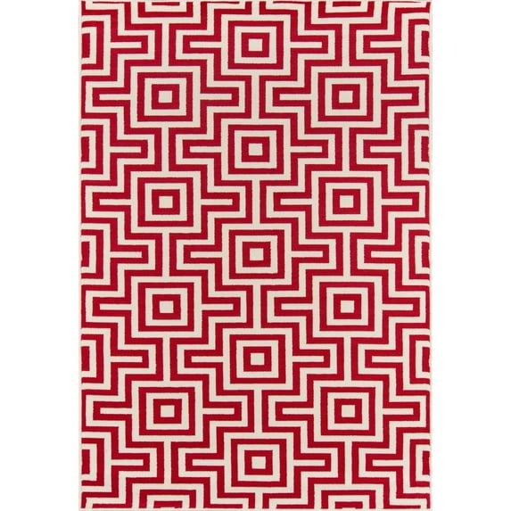 Momeni Baja Retro Indoor Outdoor Rug Red 6'7" x 9'6" Graphic, Geometric 7' x 9' Outdoor, Indoor Entryway, Patio Ivory Rectangle