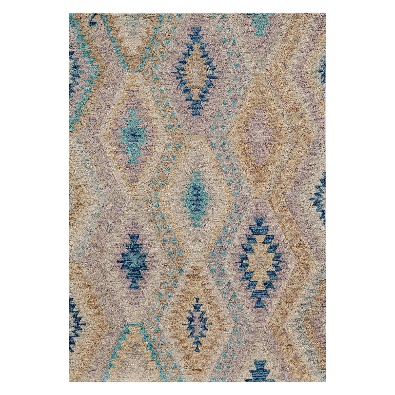 Handmade Blue Wool Geometric Runner Rug 2'3" x 8'