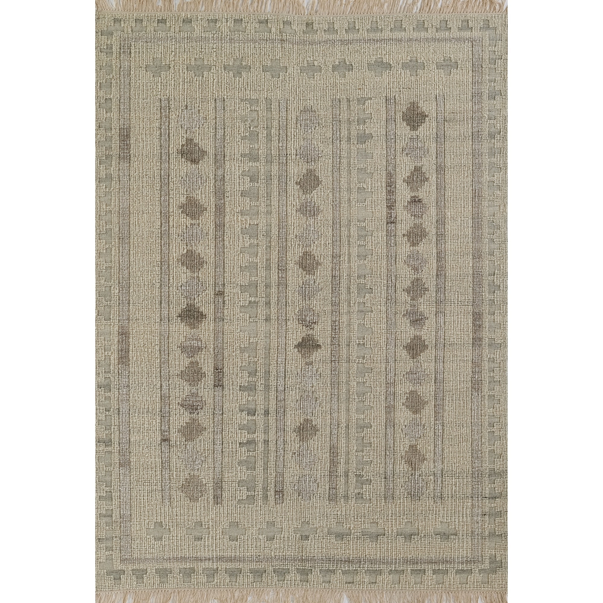 Handwoven Ivory Wool Rectangular Rug with Geometric Pattern, 5' x 8'