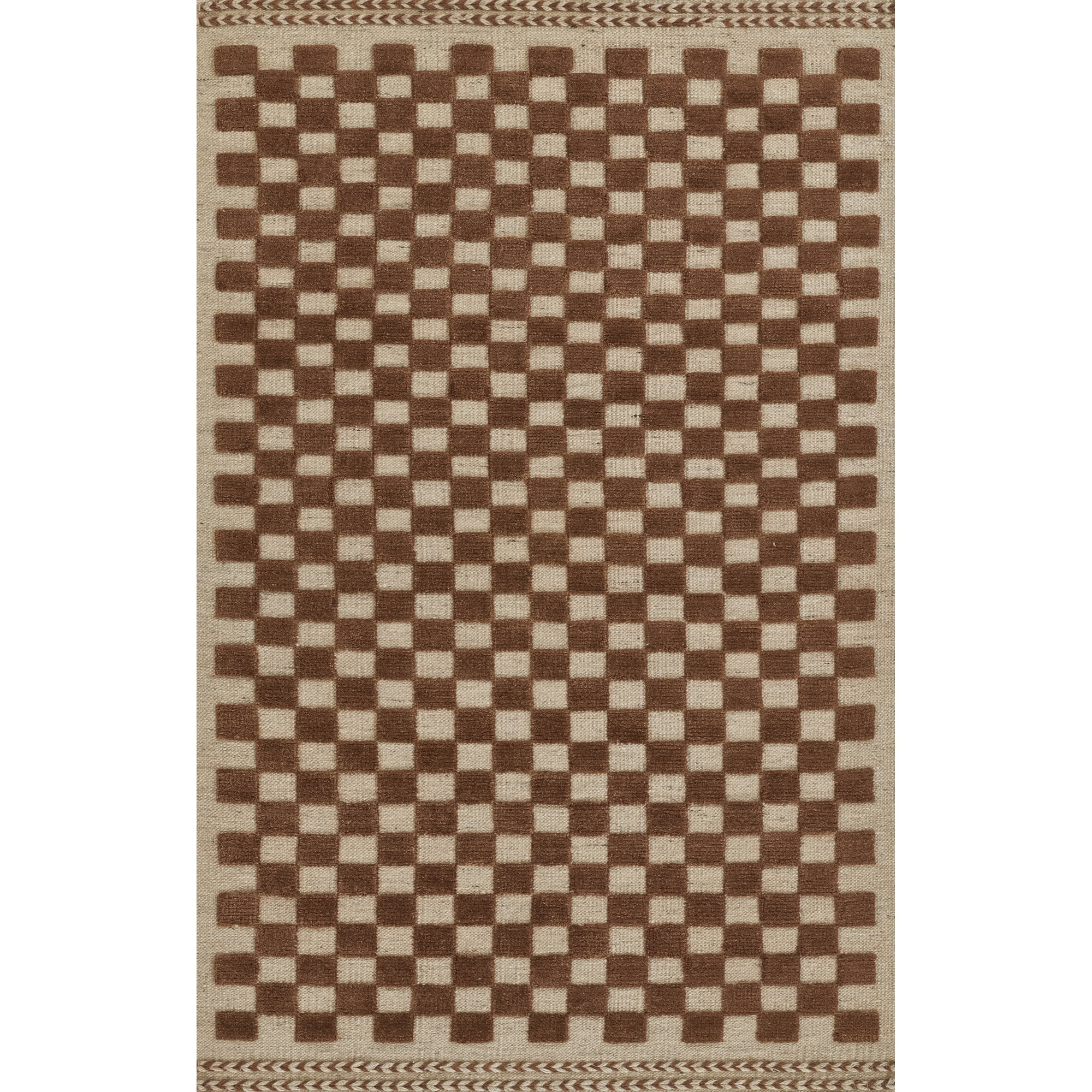 Brown and Beige Wool Checkered Handwoven Runner Rug