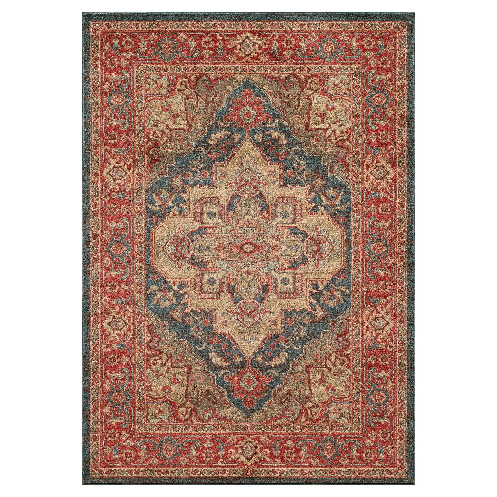 Navy and Beige Traditional Medallion Wool Area Rug