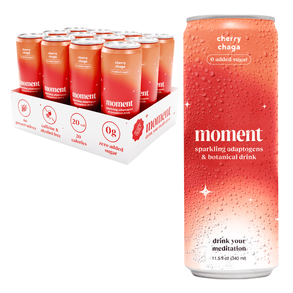 Moment Adaptogen Drink Cherry Chaga Sparkling Soda, 11.5 Oz, 12 Pack Cans