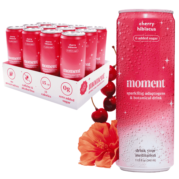 Moment Mocktails Non Alcoholic Drinks (Shark Tank) | SPARKLING Cherry Hibiscus Adaptogen Drink | L-Theanine & Ashwagandha for Calm & Clarity | 0 Added Sugar 0 Caffeine | 12-pack