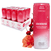 Moment Mocktails Non Alcoholic Drinks Shark Tank | SPARKLING Cherry Hibiscus Adaptogen Drink | L-Theanine & Ashwagandha for Calm & Clarity | 0 Added Sugar 0 Caffeine | 12-pack