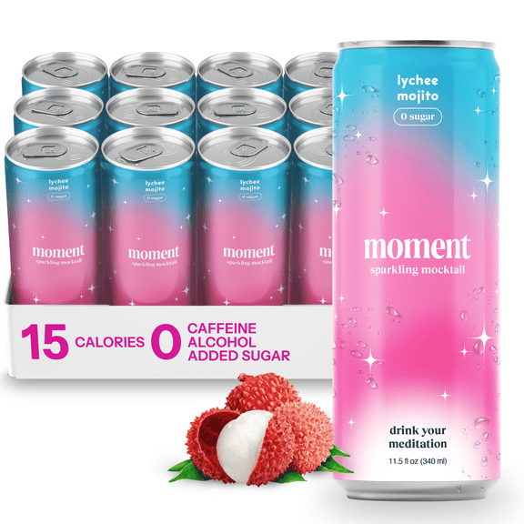 Moment Mocktails Non Alcoholic Drinks (Shark Tank) | SPARKLING Lychee Mojito Adaptogen Drink | L-Theanine & Ashwagandha for Calm & Clarity | 0 Added Sugar 0 Caffeine | 12-pack