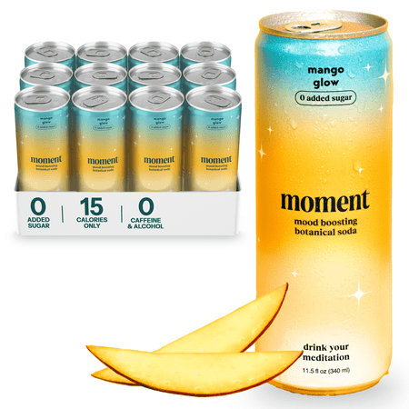 Moment Adaptogen Drink Mango Glow Sparkling Soda, 11.5 Oz, 12 Pack Cans