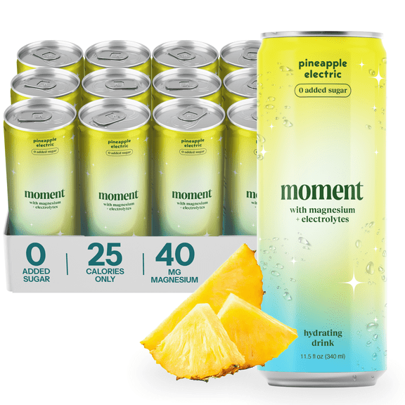 Moment Sparkling Electrolyte Drink (Pineapple) - Zero Added Sugar Electrolyte Drinks with Magnesium, Potassium, Sodium - Hydration Drinks with Electrolytes to Stay Hydrated and Recover Fast - 12 Pack