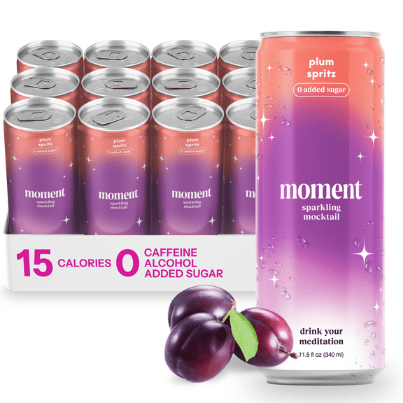 Moment Mocktails Non Alcoholic Drinks (Shark Tank) | SPARKLING Plum Spritz Adaptogen Drink | L-Theanine & Ashwagandha for Calm & Clarity | 0 Added Sugar 0 Caffeine | 12-pack