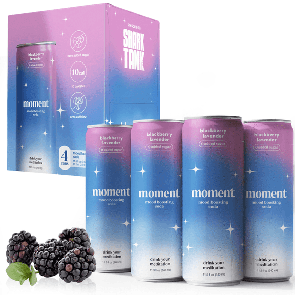 Moment Adaptogen Drink (Shark Tank) - Calm, Clarity & Relaxation with L-Theanine & Ashwagandha - Non Alcoholic Drinks for Adults - Sparkling Botanical Soda - 0 Sugar 0 Caffeine - 4 Pack 11.5 fl oz