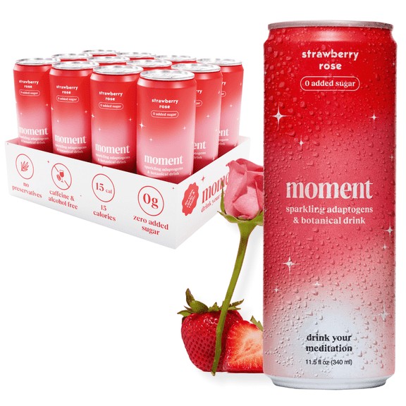 Moment Adaptogen Drink Strawberry Rose Sparkling Soda, 11.5 Oz, 12 Pack Cans