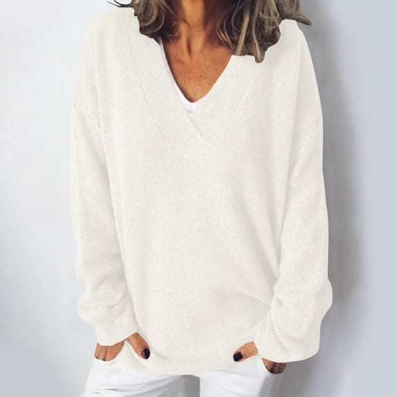 Only Moment Beige Women's Oversized Long Sleeve Pullover Sweaters V Neck Work Casual Sweater, Boyfriend, Chunky Warm ,Loose Knit Pullover Tops, 2026 Fashion Trendy Clothes L
