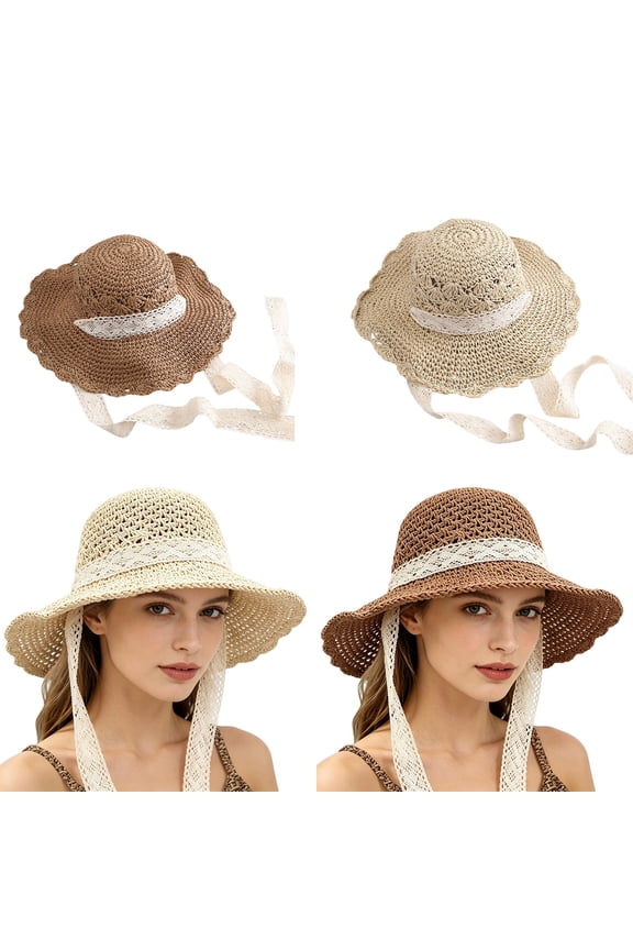 Beige Womens Summer Straw Sun Hats with Wind Lanyard blended fabric Straw Bucket Hats for Women, Packable Sun Hat Womens with Chin Strap, UPF 50+ Summer Protection A