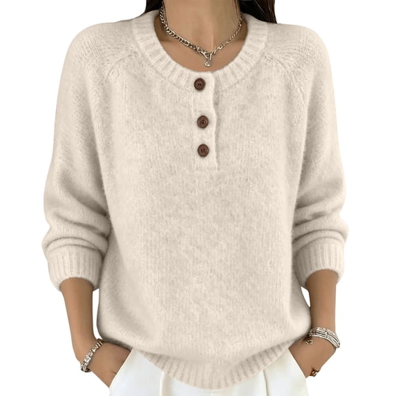 Only Moment Beige Womens Sweaters Crew Neck Neck Button Long Sleeve Casual Sweaters Ribbed Knitted Pullovers Warm Soft Sweater Jumper Tops Fall Winter Trendy Outfits S