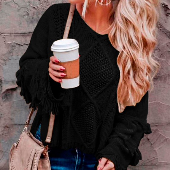 Only Moment Black Long Sleeve Knit Sweater Tops Crew Neck Long Sleeve Casual Sweaters Ribbed Knitted Pullovers Warm Soft Sweater Jumper Tops Fall Winter Trendy Outfits S