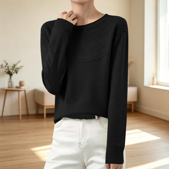 Only Moment Black Long Sleeve Shirts for Women Crew Neck Business Casual Work Tops, Pullover Short Sweater, Comfy Knit Light, Basic Classic Fashion Winter Layer Outfits M