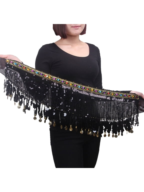 Black Women Belly Dance Hip Scarf Belly Dance Hip Scarf Chiffon Shiny Sequins Gold Coins Wrap Skirt Belt Wait Chain for Performance Festival Costume One Size