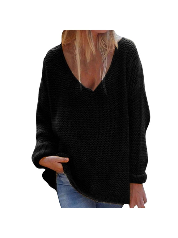 Black Womens Sweaters V Neck Soft Lightweight Long Sleeve Sweater, Basic Knit Pullover for Casual Daily Wear, Business, Travel and Everyday Layering 3XL