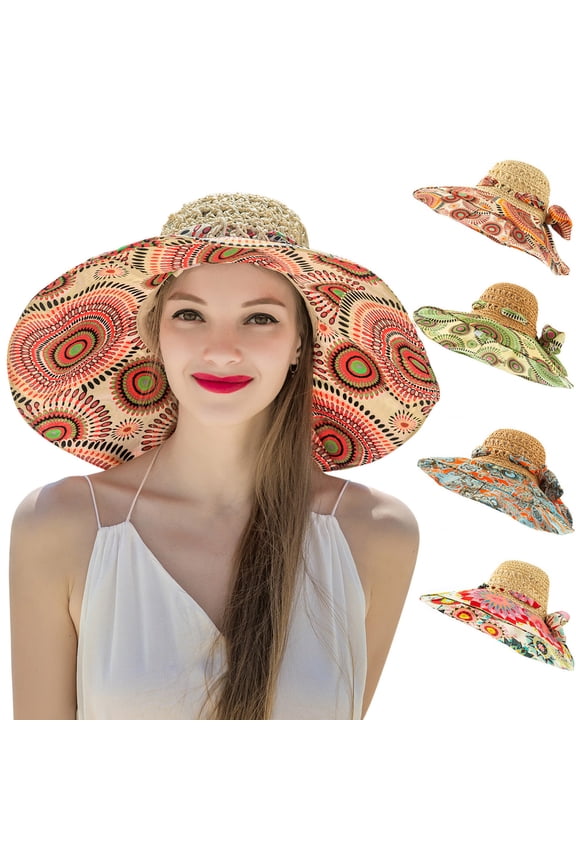 Blue Floppy Big Beach Straw Hats for Women Women's Poho Sun Beach Cap Polyester Wide Brim Beach Hat Straw Boho Rainbow Beaded Summer Packable Foldable Bucket Hat for Travel One size