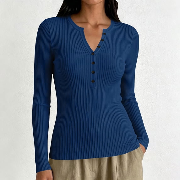 Only Moment Blue Oversized Sweater Crew Neck Neck Button Lightweight Loose Fit Dressy Casual Blouses,Business Outfits,Fall Winter Fashion Layering Clothes XS
