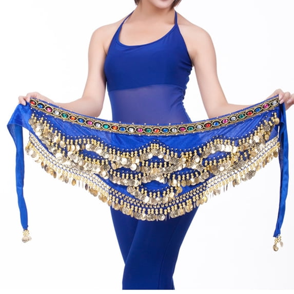 Only Moment Blue Women Belly Dance Hip Scarf Belly Dance Hip Scarf Polyester Shiny Sequins Gold Coins Wrap Skirt Belt Wait Chain for Performance Festival Costume One Size