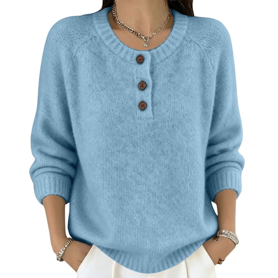 Only Moment Blue Womens Long Sleeve Sweater Crew Neck Deco Buttons Long Sleeve Casual Sweaters Ribbed Knitted Pullovers Warm Soft Sweater Jumper Tops Fall Winter Trendy Outfits 3XL