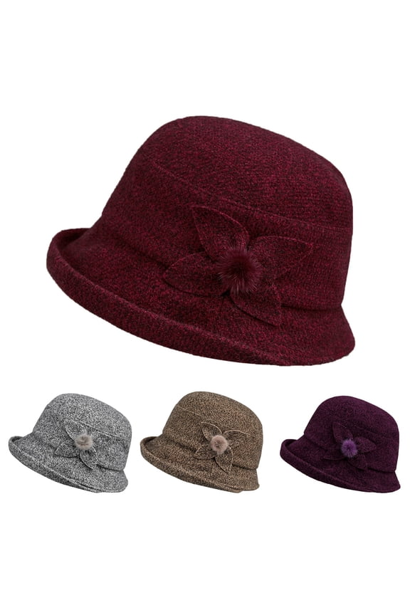 Brown Imitation Wool Flowers Bucket Cloche Bowler Hat Tweed Vintage Cloche Bucket Hat with Flower Collapsible Felt Church Bowler Hat Vintage Felt Cloche Hat M