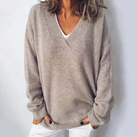 Only Moment Brown Women Casual Long Sleeve Fall Sweaters V Neck Fall Outfits Trendy 2026 Long Sleeve Shirts Bussiness Casual Knit Pullover Sweater Tops 2XL