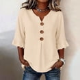 thumbnail image 1 of Only Moment Button Down Shirts for Women 3/4 Sleeve V Neck Ruffle Sleeves Cotton and Linen Dress Shirts Oxford Shirts Long Sleeve Work Blouses Collared Tops Tunics with Pocket Beige,L, 1 of 9