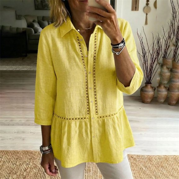 Only Moment Button Down Shirts for Women 3/4 Sleeve V Neck Ruffle Trim Polyurethane Fiber with Button Cuffs Dressy Casual Summer Outfits Early Fall Fashion Spring Clothes Yellow,2XL