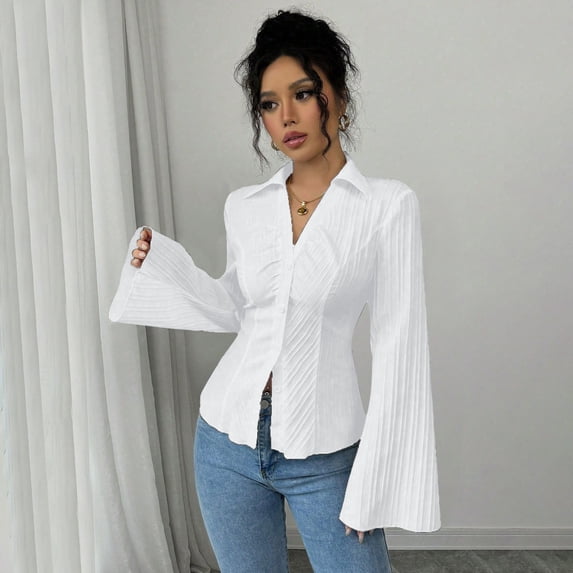 Only Moment Button Down Shirts for Women Long Sleeve V Neck Flare Sleeves Polyester,Spandex with Button Cuffs Dressy Casual Summer Outfits Early Fall Fashion Spring Clothes White,L