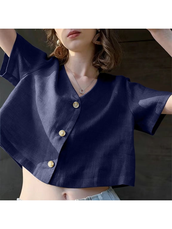 Button Up Shirts for Women Short Sleeve V Neck Cropped Blouse Cotton and Linen Casual Chiffon Blouses Flowy Lace Hem Boho Clothing Trendy 2026 Womens Blouses Casual Dark Blue,XL