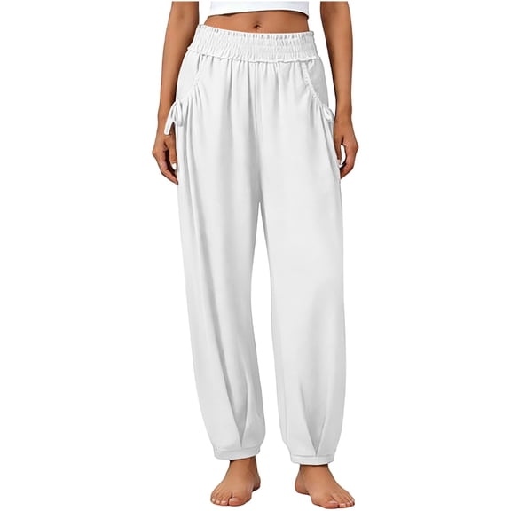 Only Moment Cruise Essentials 2026 Cotton and Linen/Wash Water Wrinkled Cloth with Pockets High Waist Loose Sweatpants Casual Lounge Yoga Workout Palazzo White,S