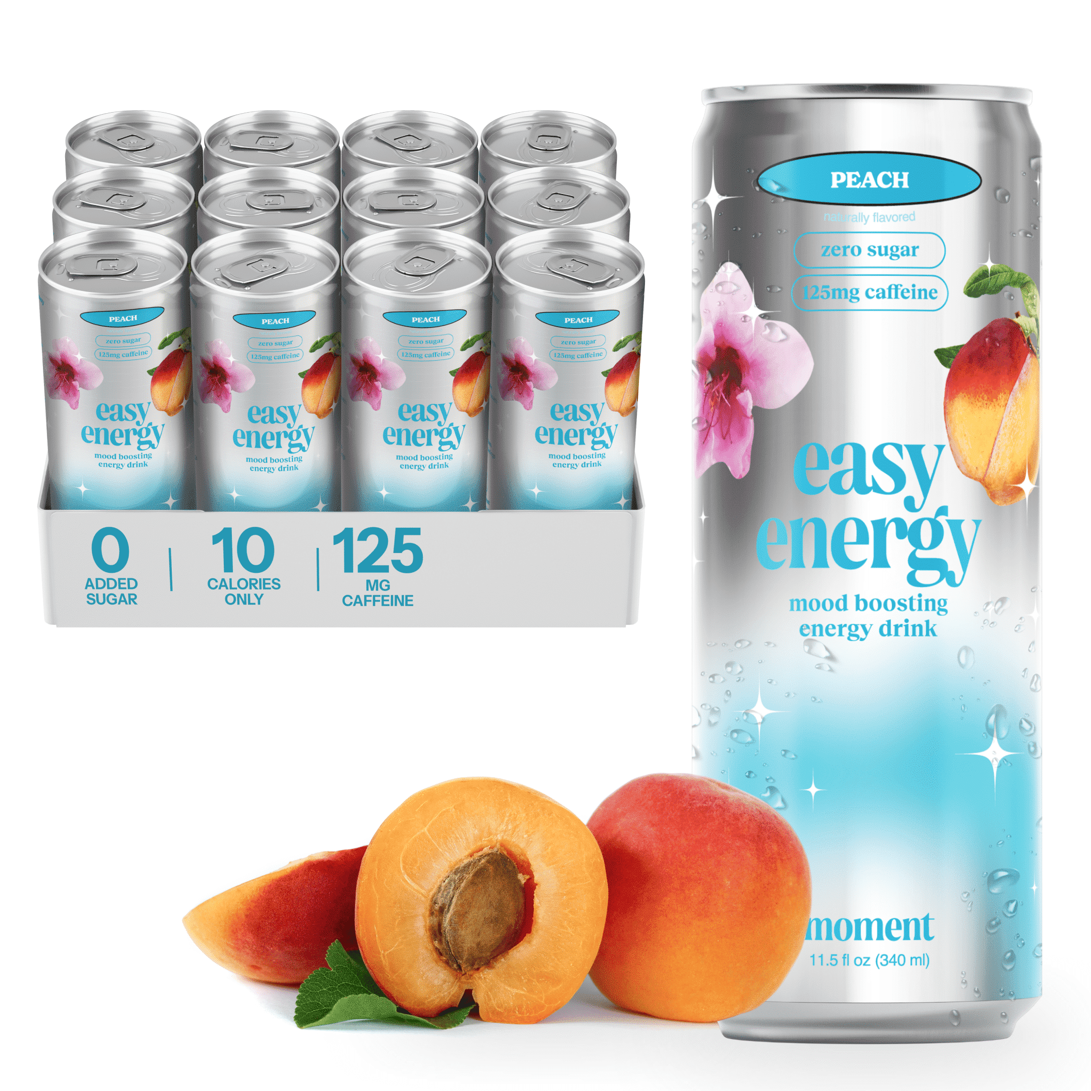 Moment Easy Energy Drink (Peach) – Zero Added Sugar Sparkling Energy Drinks with Natural Caffeine, Magnesium, B Vitamins & Lion’s Mane – L-Theanine & Adaptogens for Mood, Focus & Clarity – 12 Pack