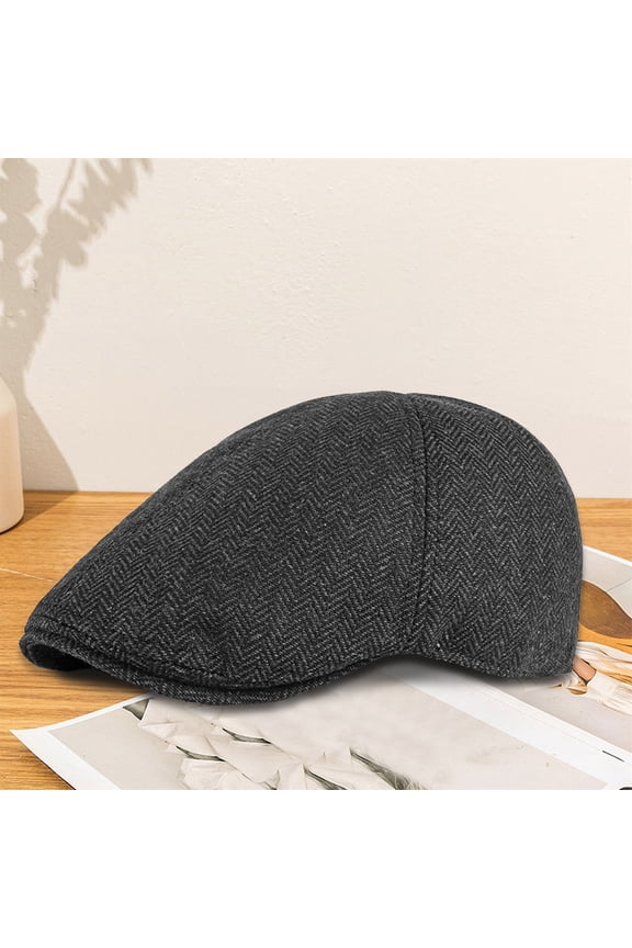 Elastic stretch cap Autumn Winter Six-Panel Beret Hat British Literary Style Wool Blend Newsboy Cap Herringbone Tweed Flat Ivy Cabbie Gatsby Hat Black,One Size