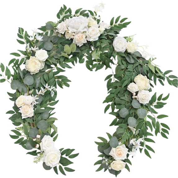 Moment Flower Garland 6FT Eucalyptus & Rose Artificial Floral Garland for Wedding Reception, Mantle, Table, Christmas Decor, Wht-ivory