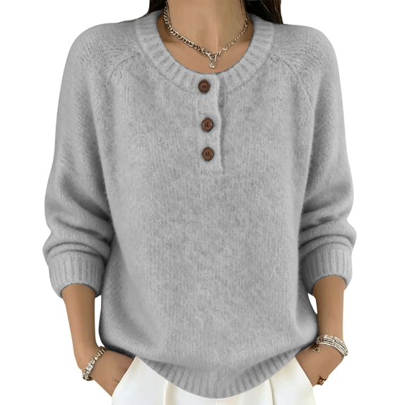 Only Moment Gray Lightweight Crochet Pullover Tops Crew Neck Deco Buttons Soft Fuzzy Sweater, Warm Chunky Long Sleeve Pullover,Winter Clothing,Casual Loose Fit, Work Travel All-Day Wear L