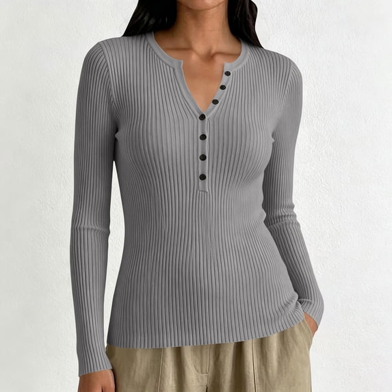 Only Moment Gray Long Sleeve Lightweight Knit Tops Crew Neck Deco Buttons Plus size Pullovers, Tops for Teachers, Early Fall Fashion, Business Casual Outfit, Winter clothing S